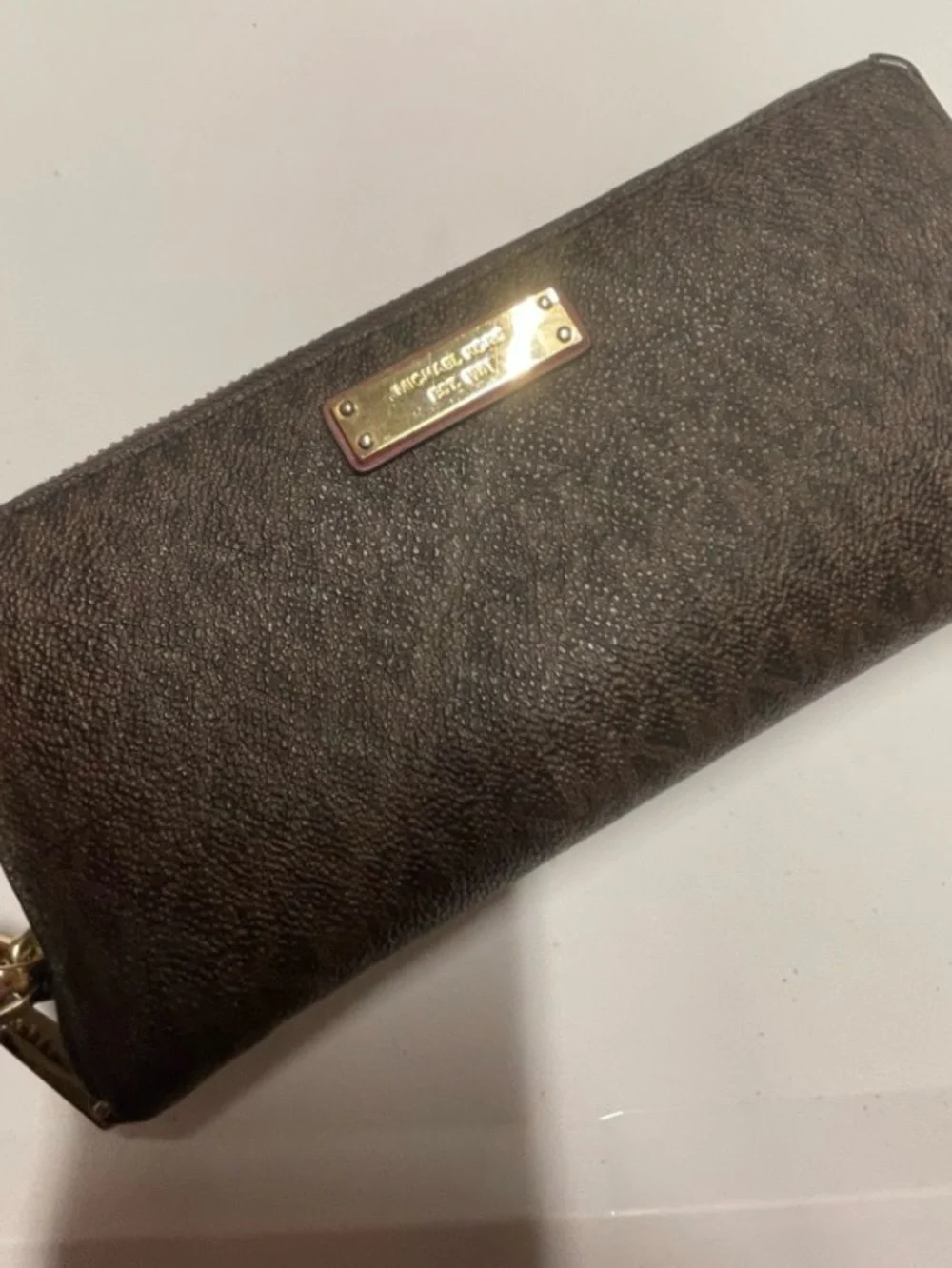 Michael Kors Brown Logo Zip Wallet with Gold Plate